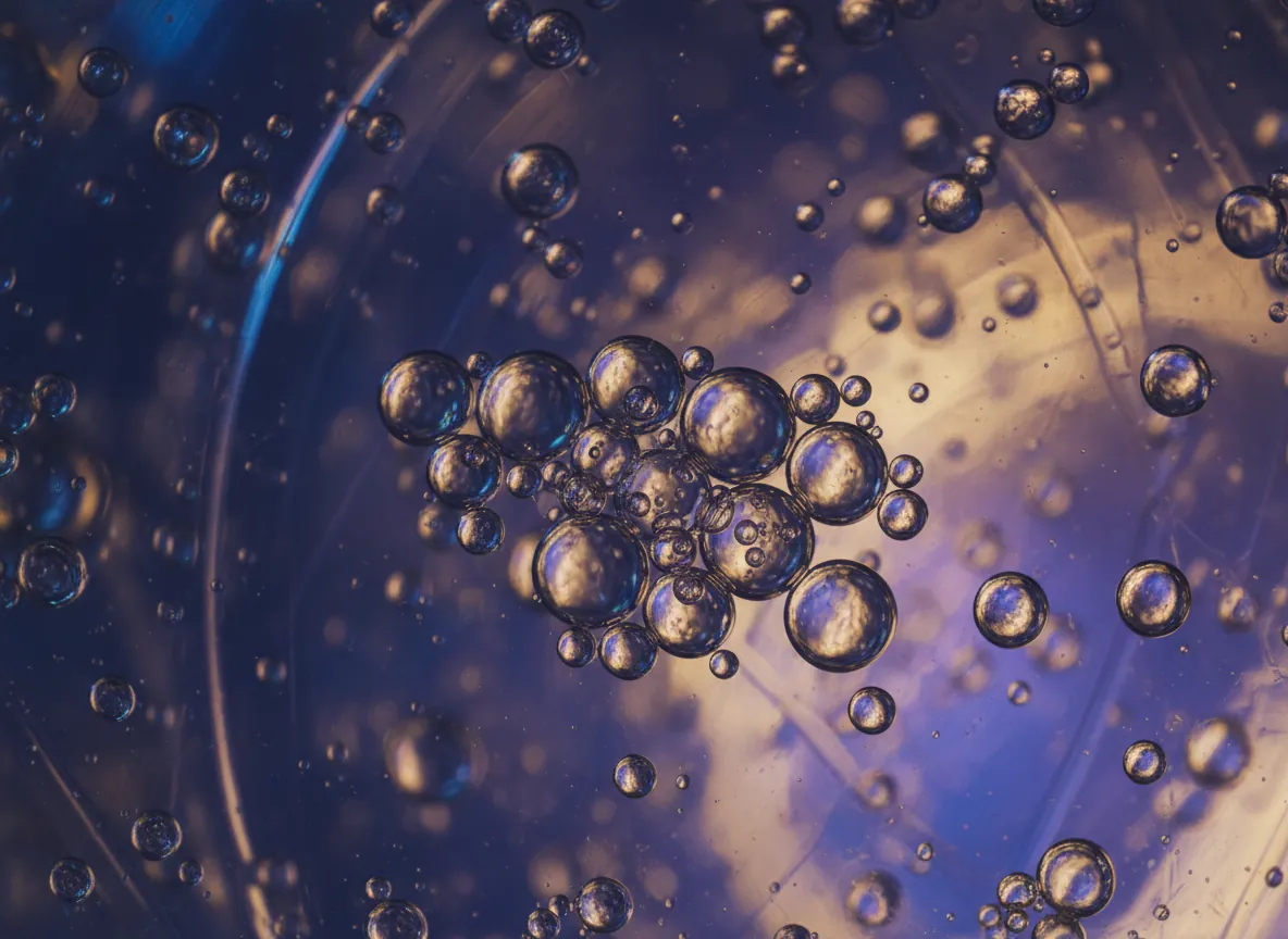 Abstract macro of translucent spheres in indigo and gold light (illustrative, not microscopy data)