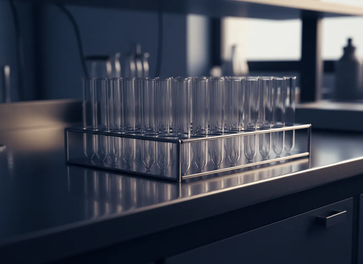 Rack of centrifuge tubes on a steel bench