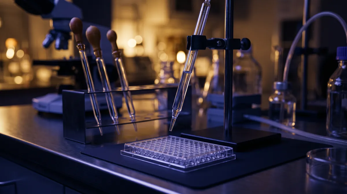 Laboratory bench with glass pipettes and a multiwell plate in indigo light
