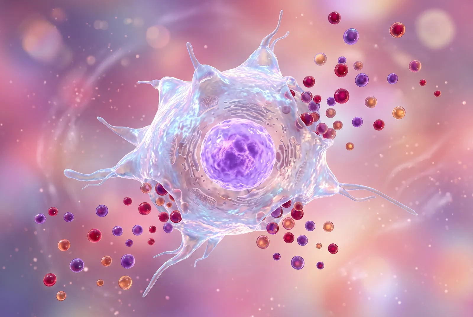 Illustration of extracellular vesicles near a cell surface, from Andrew Hillman's education notes