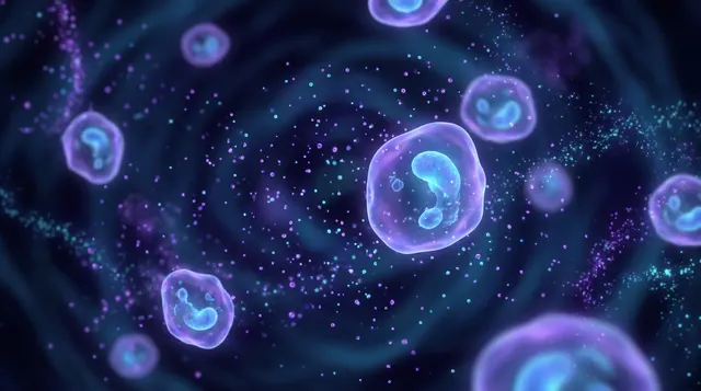 Illustration of mesenchymal stem cells releasing extracellular vesicles